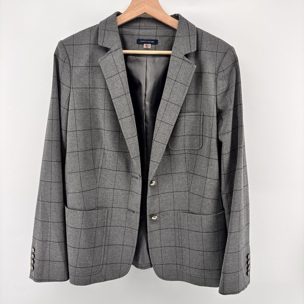 Tommy Hilfiger Women's 14 Gray Plaid Blazer Jacket 2 Button Lined Stretch